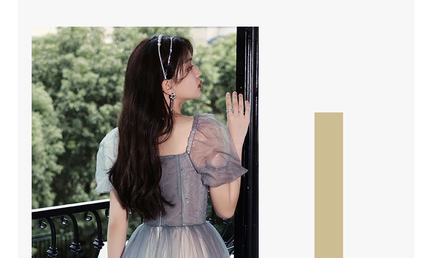 / Gradient Gown Mesh Midi Puff-Sleeve A-Line Dress Evening