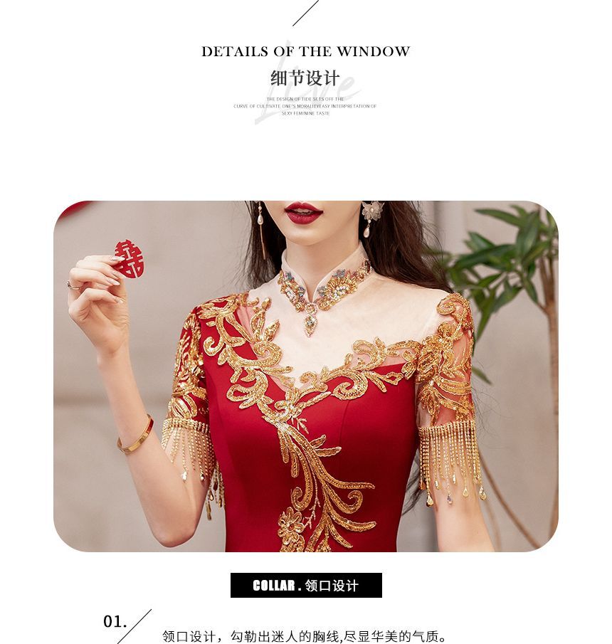 Fringed Dress / Evening Sequin Gown Midi Short-Sleeve A-Line