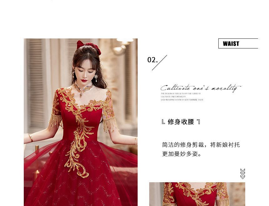 Fringed Dress / Evening Sequin Gown Midi Short-Sleeve A-Line