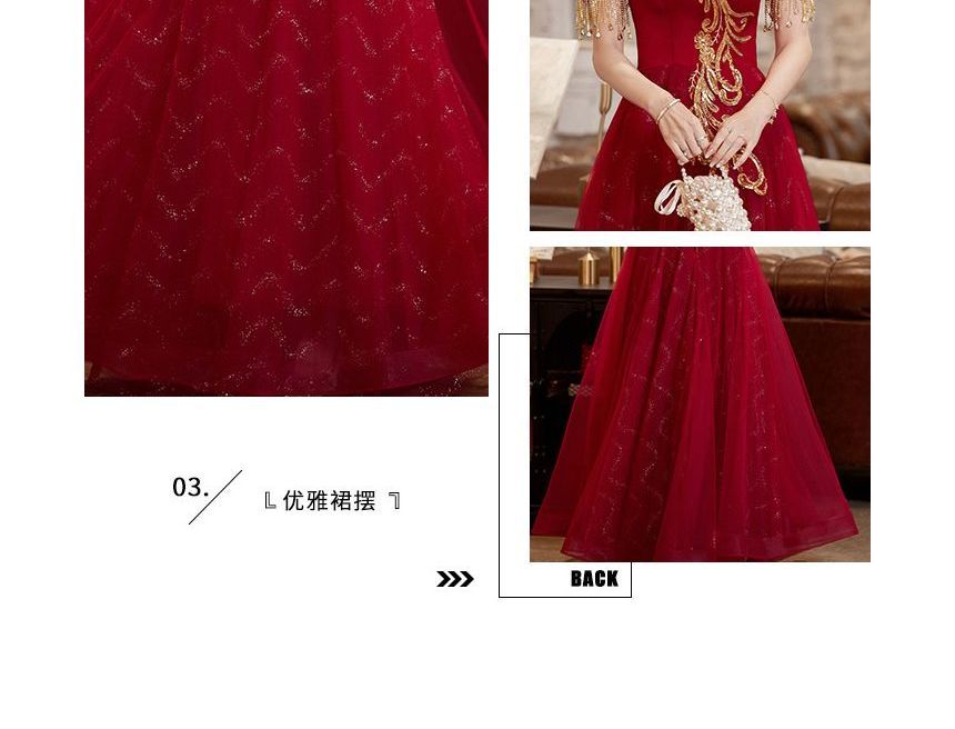 Fringed Dress / Evening Sequin Gown Midi Short-Sleeve A-Line