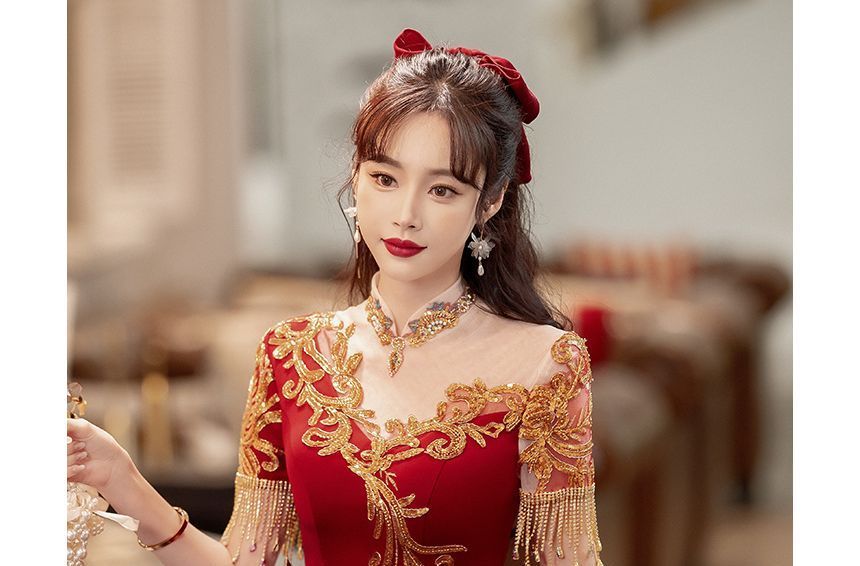 Fringed Dress / Evening Sequin Gown Midi Short-Sleeve A-Line