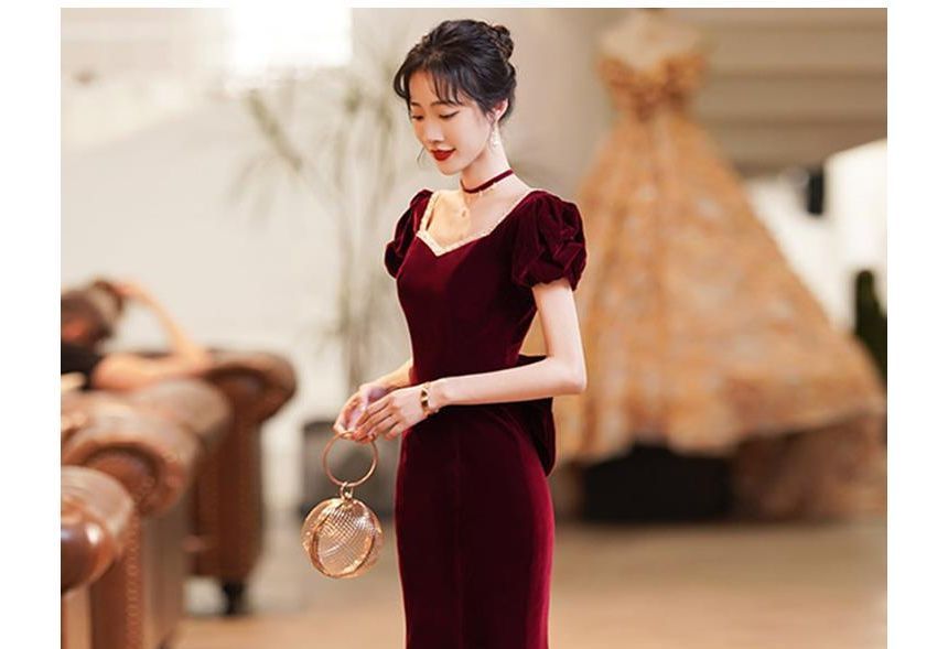Evening Mermaid Midi Puff-Sleeve Gown Bow / Dress