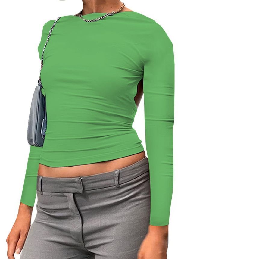 Crop Neck T-Shirt Long-Sleeve Two Plain Backless Boat Way