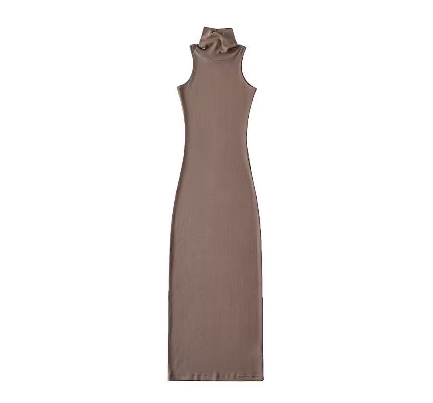 Turtleneck Plain Sleeveless Slim-Fit Dress