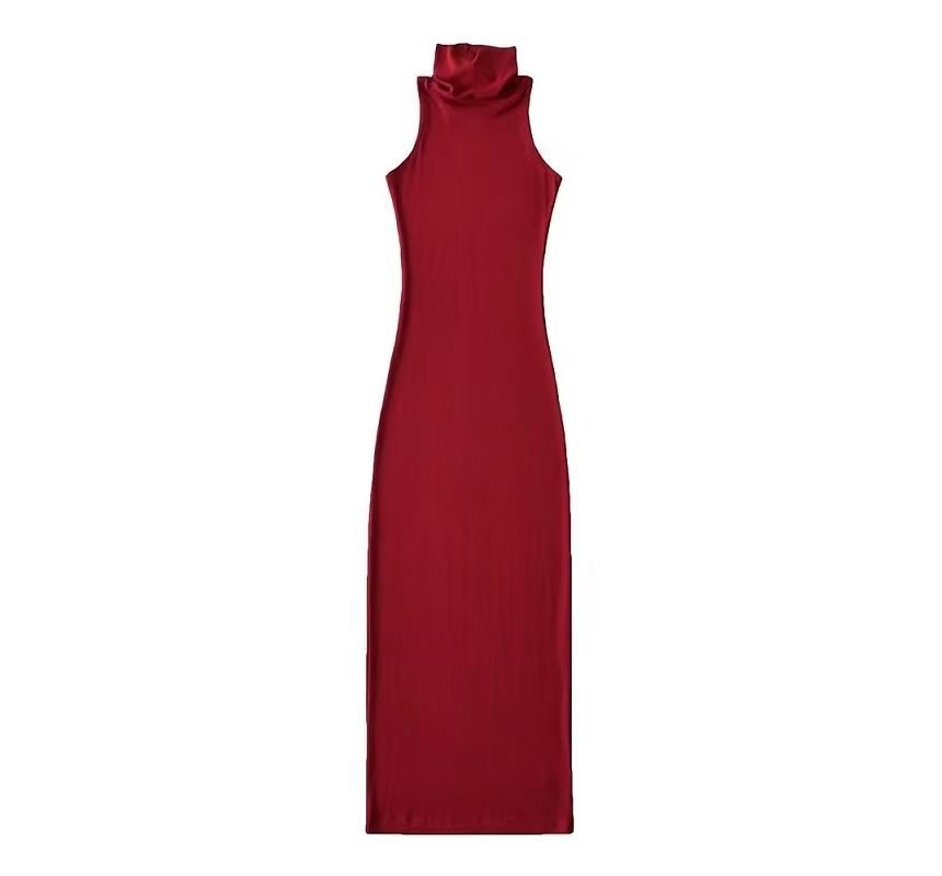 Turtleneck Plain Sleeveless Slim-Fit Dress