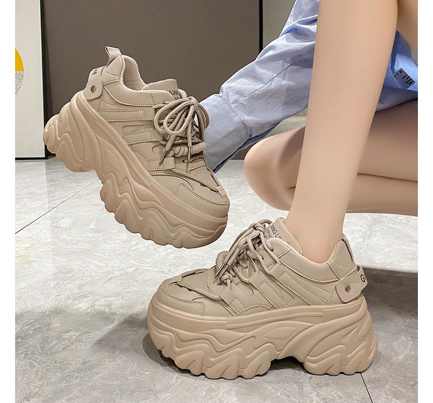 Faux Leather Sneakers Lettering Fleece-Lined Plain Print Platform