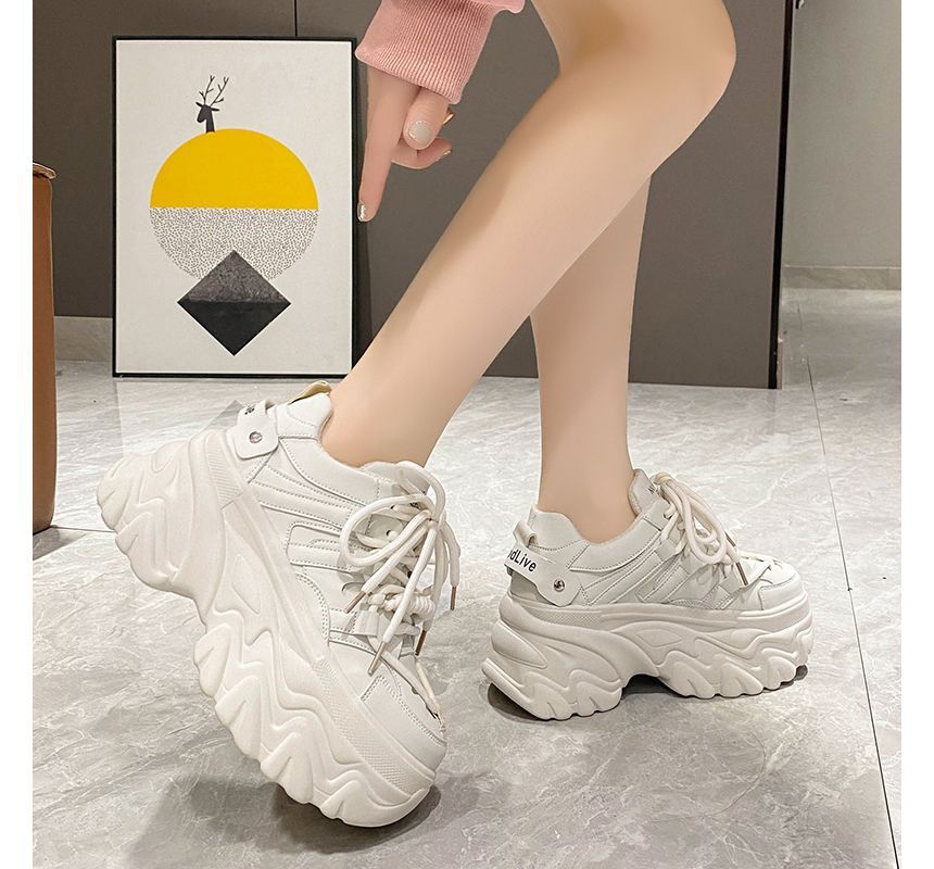 Faux Leather Sneakers Lettering Fleece-Lined Plain Print Platform