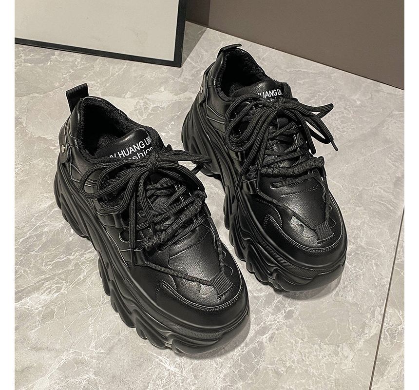 Faux Leather Sneakers Lettering Fleece-Lined Plain Print Platform