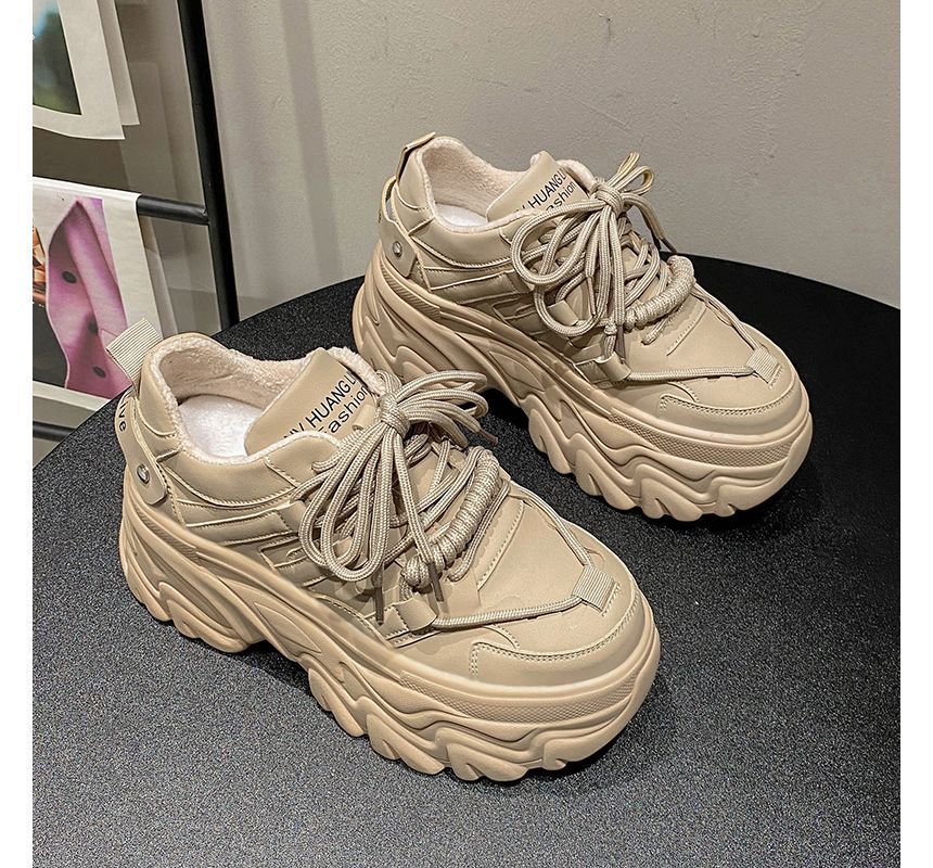 Faux Leather Sneakers Lettering Fleece-Lined Plain Print Platform