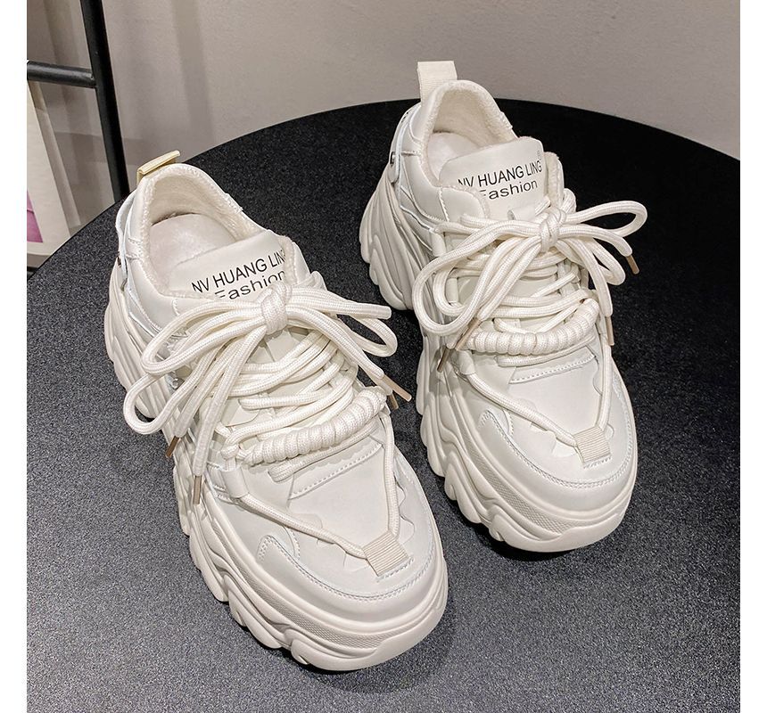 Faux Leather Sneakers Lettering Fleece-Lined Plain Print Platform