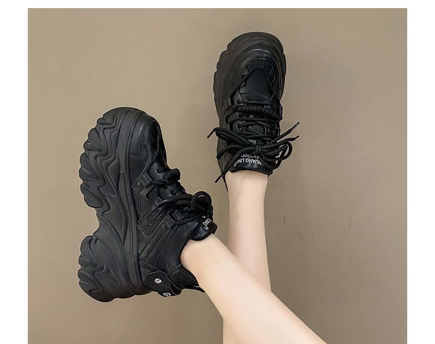 Faux Leather Sneakers Lettering Fleece-Lined Plain Print Platform