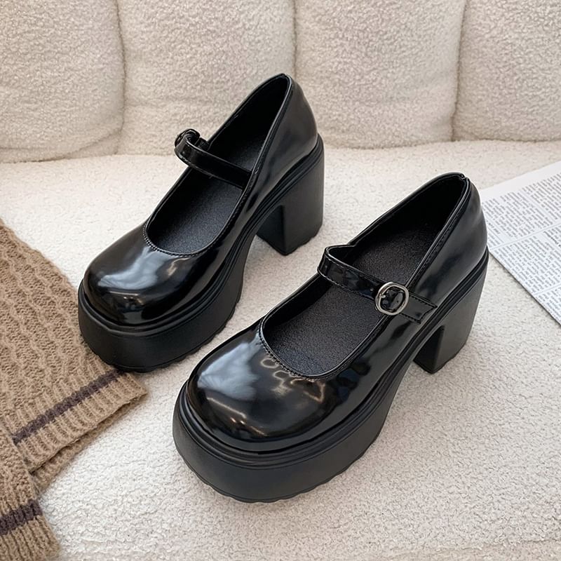 Leather Platform Shoes Faux Heel Mary Block Jane