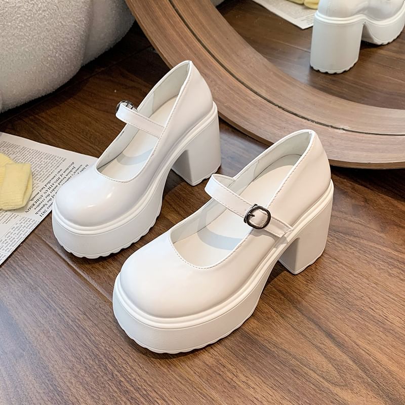 Leather Platform Shoes Faux Heel Mary Block Jane