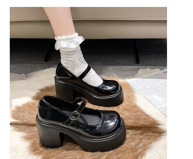 Leather Platform Shoes Faux Heel Mary Block Jane