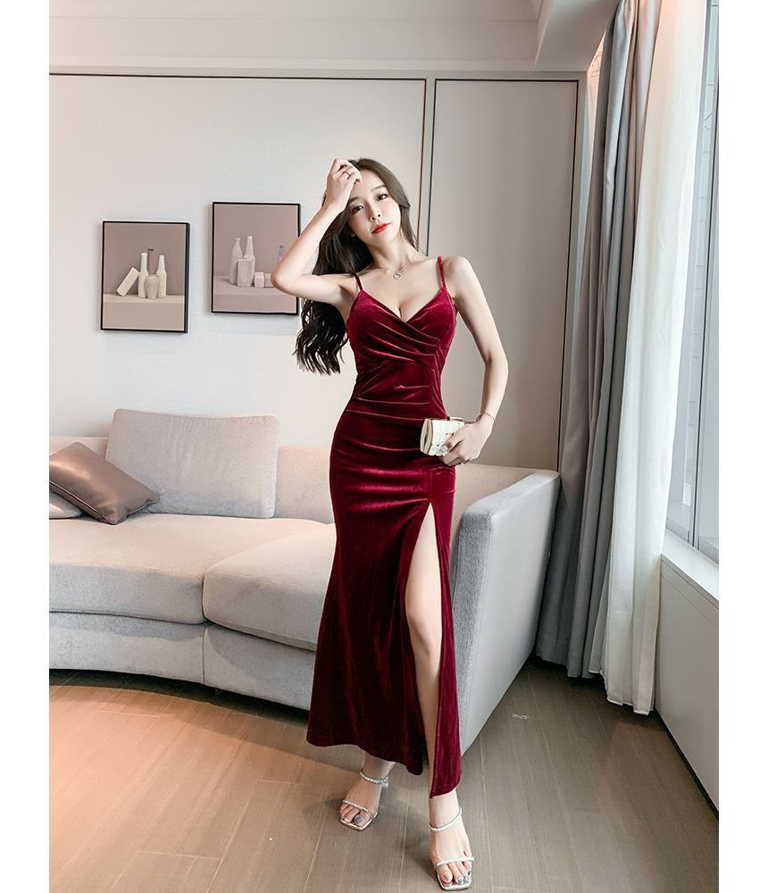 Spaghetti-Strap Slit Side Velvet Plain Gown Evening