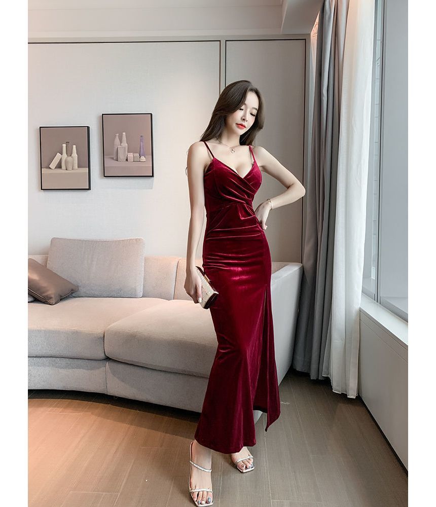 Spaghetti-Strap Slit Side Velvet Plain Gown Evening