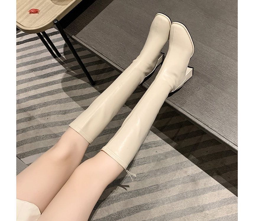 Leather Faux Boots Block-Heel Tall