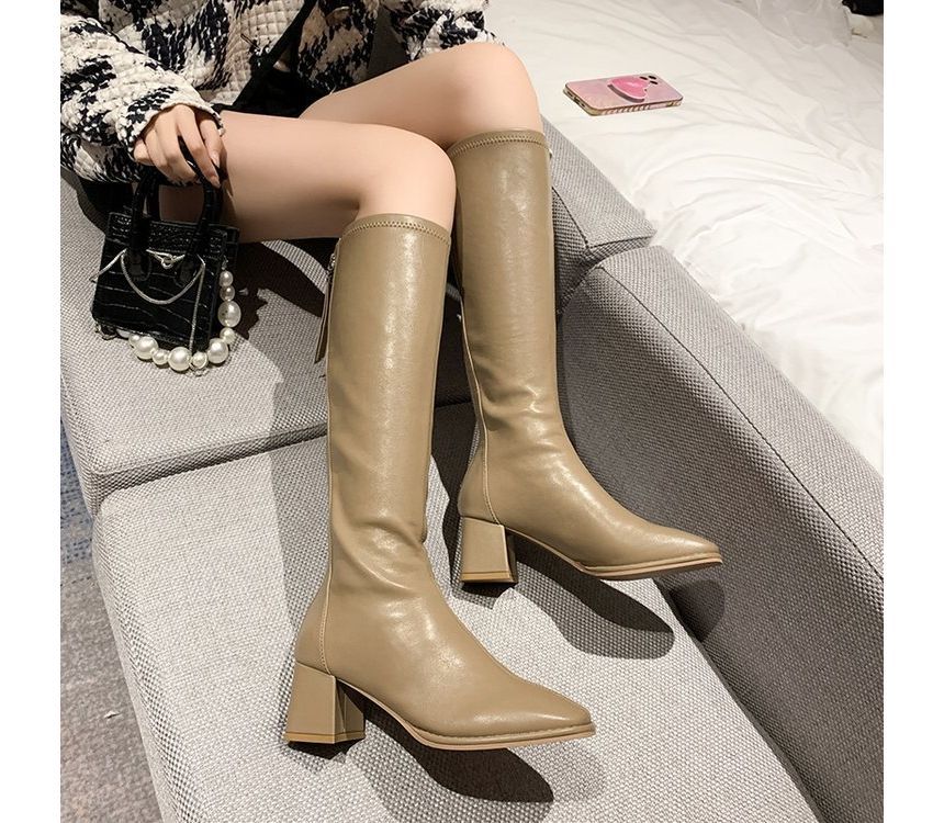 Leather Faux Boots Block-Heel Tall