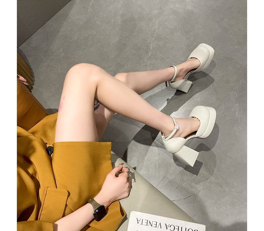 Block-Heel Pumps Strap Ankle Square-Toe
