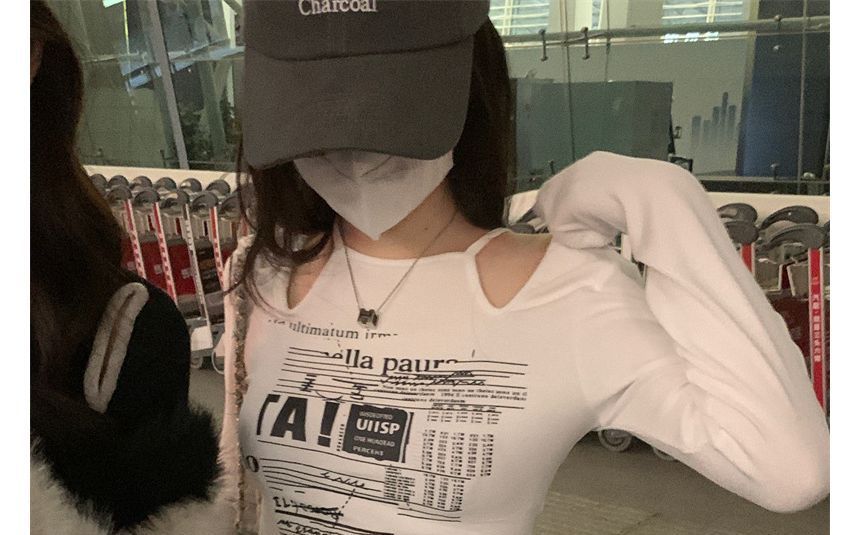 Top Long-Sleeve Slim-Fit Cold-Shoulder Print