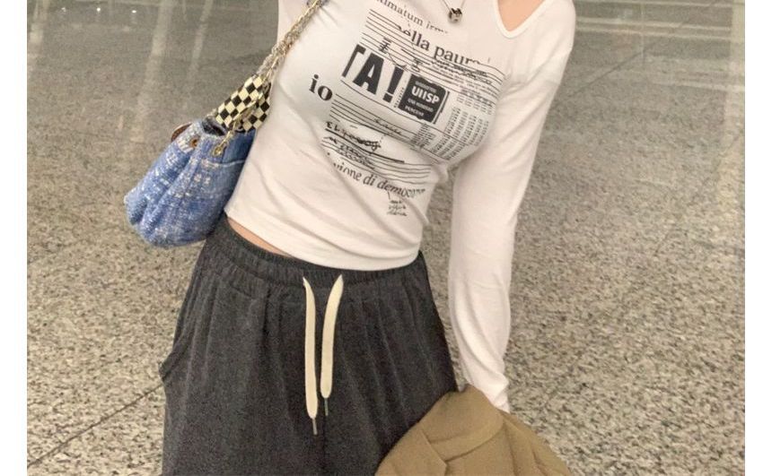 Top Long-Sleeve Slim-Fit Cold-Shoulder Print