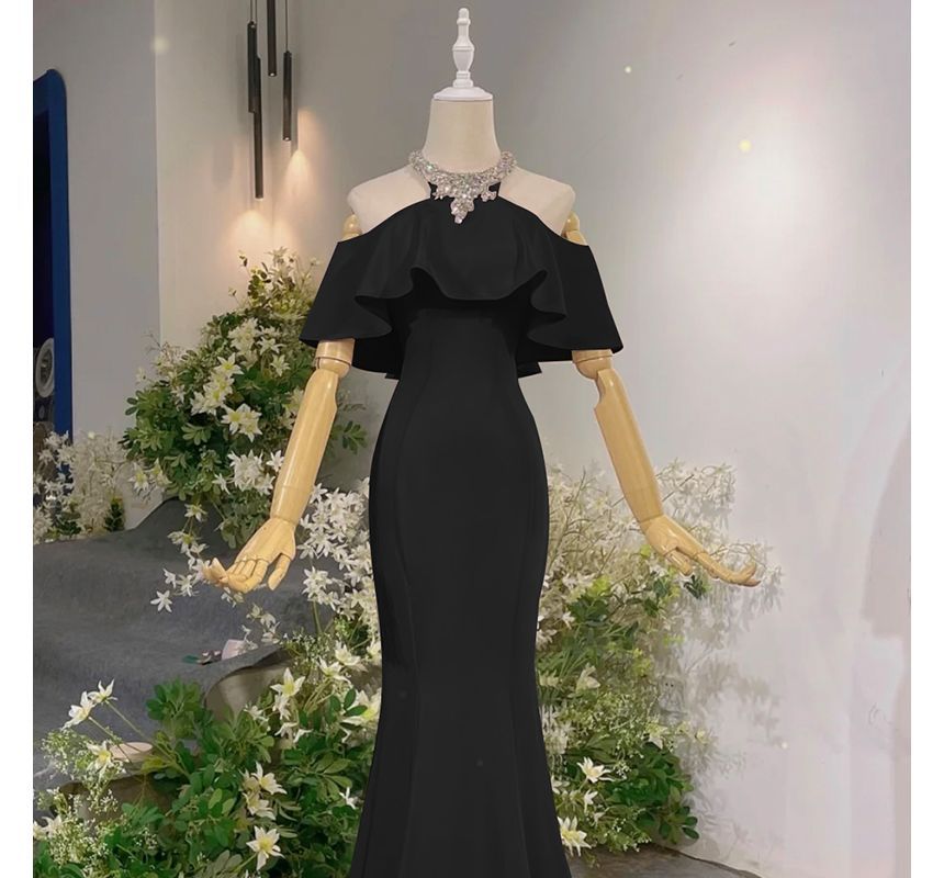 Rhinestone Evening Mermaid Gown Cold-Shoulder