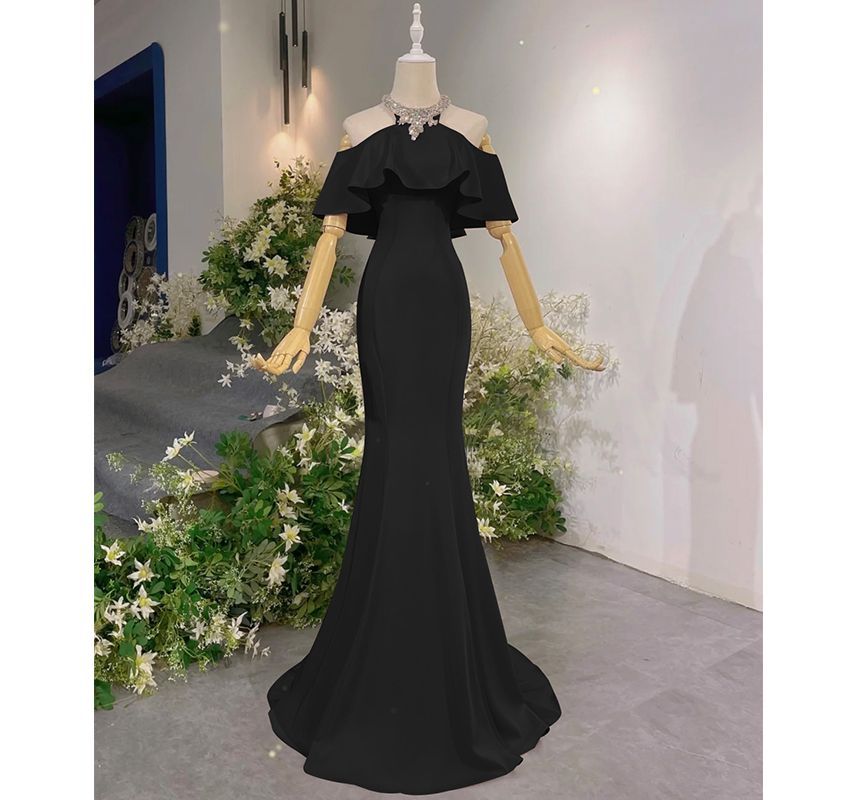 Rhinestone Evening Mermaid Gown Cold-Shoulder