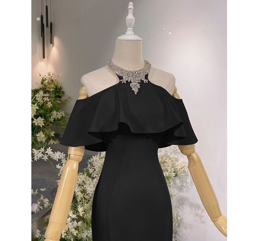 Rhinestone Evening Mermaid Gown Cold-Shoulder