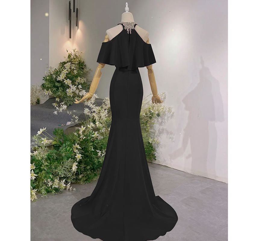 Rhinestone Evening Mermaid Gown Cold-Shoulder