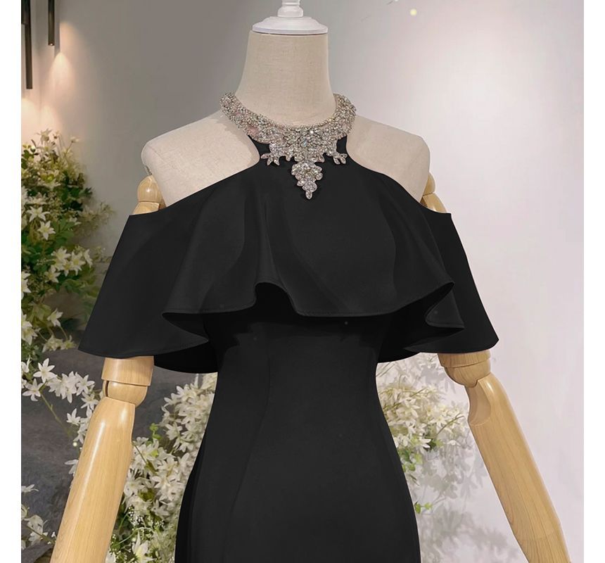 Rhinestone Evening Mermaid Gown Cold-Shoulder