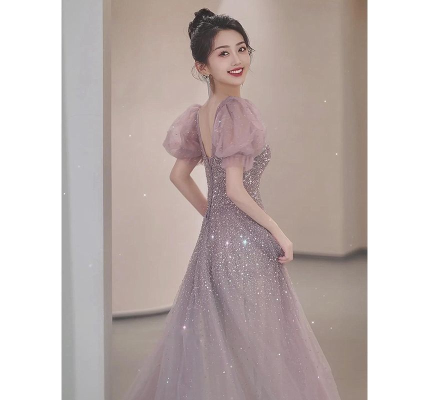 Neck Puff-Sleeve Sequin Gown A-Line Square Evening