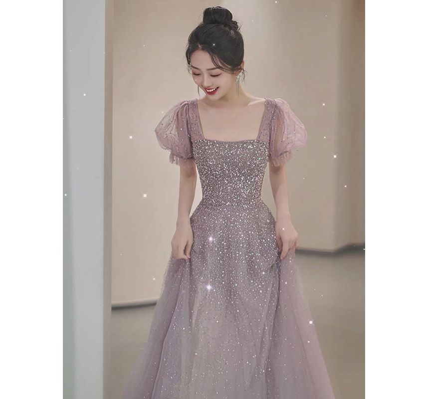 Neck Puff-Sleeve Sequin Gown A-Line Square Evening