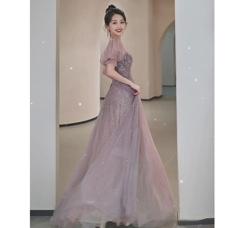 Neck Puff-Sleeve Sequin Gown A-Line Square Evening