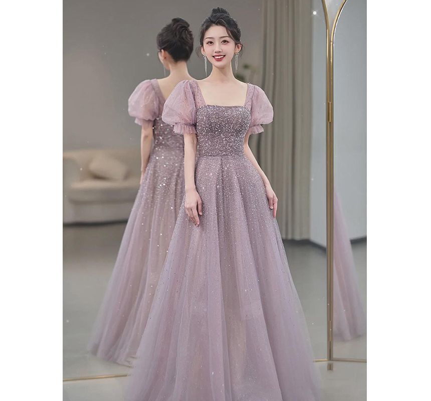Neck Puff-Sleeve Sequin Gown A-Line Square Evening