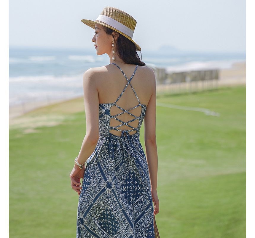 Spaghetti Strap A-Line Paisley Dress Midi Print