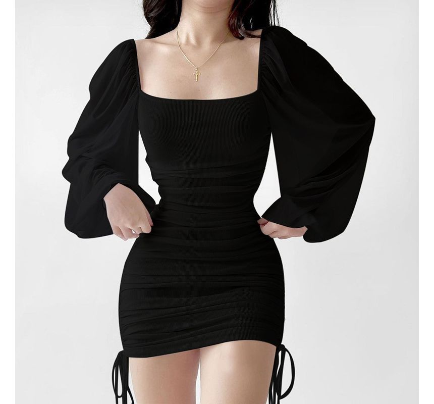 Drawstring Puff-Sleeve Mini Dress Square Neck Plain Sheath