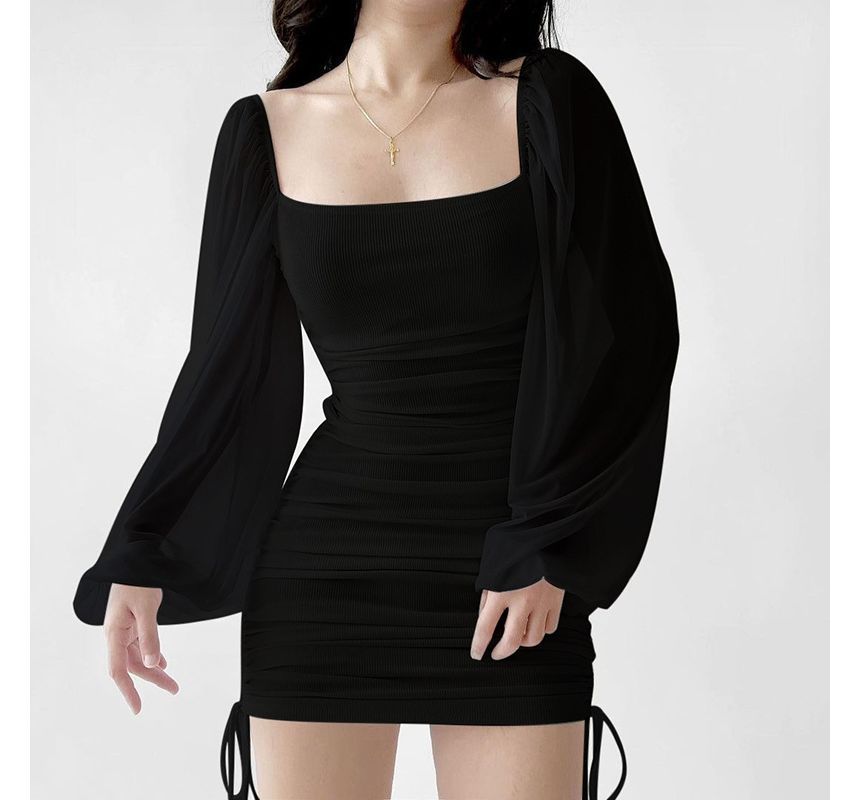 Drawstring Puff-Sleeve Mini Dress Square Neck Plain Sheath