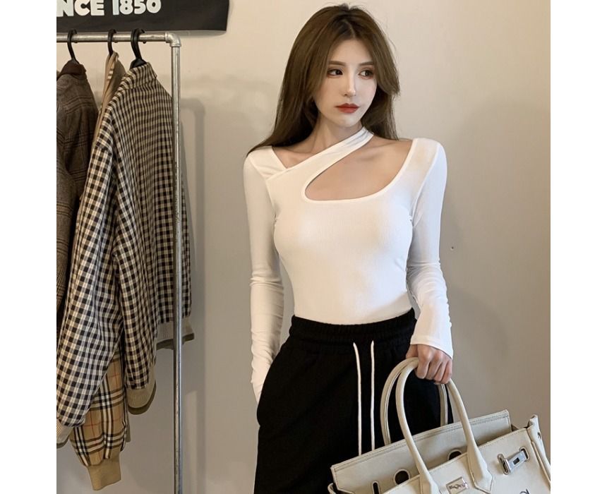 Neck Asymmetrical T-Shirt Long-Sleeve Plain Cutout
