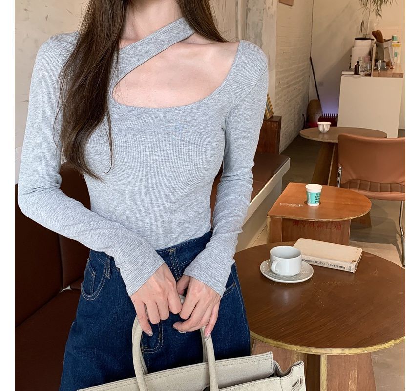 Neck Asymmetrical T-Shirt Long-Sleeve Plain Cutout