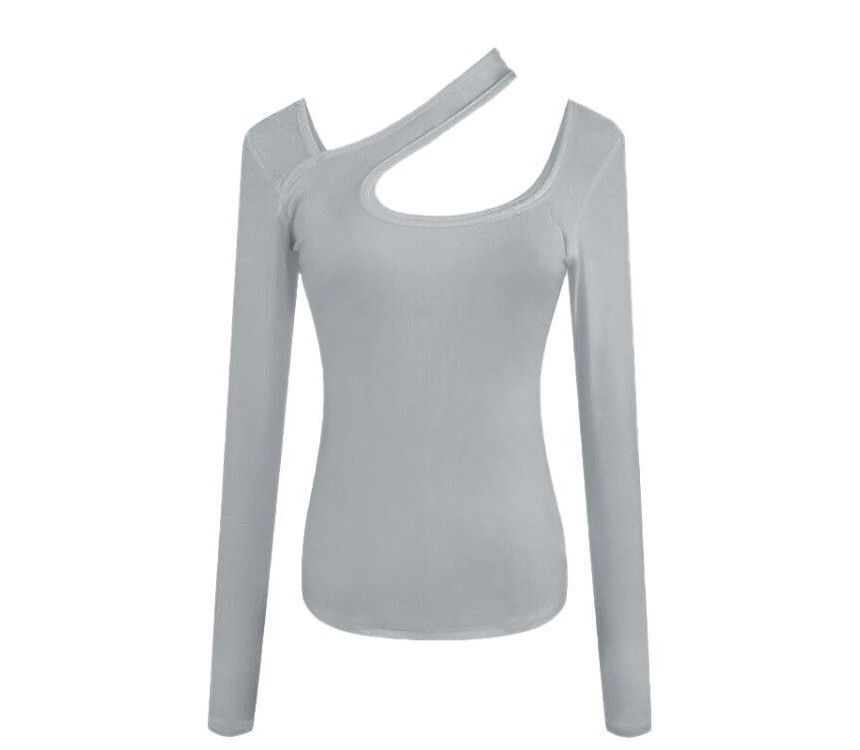 Neck Asymmetrical T-Shirt Long-Sleeve Plain Cutout
