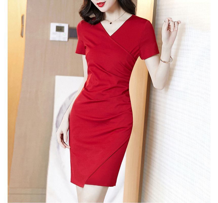 Mini Plain Wrap Dress Bodycon Short-Sleeve V-Neck