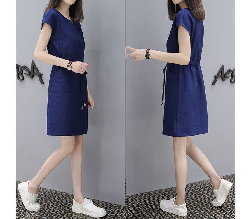 Dress A-Line Mini Plain Short-Sleeve V-Neck Drawstring-Waist