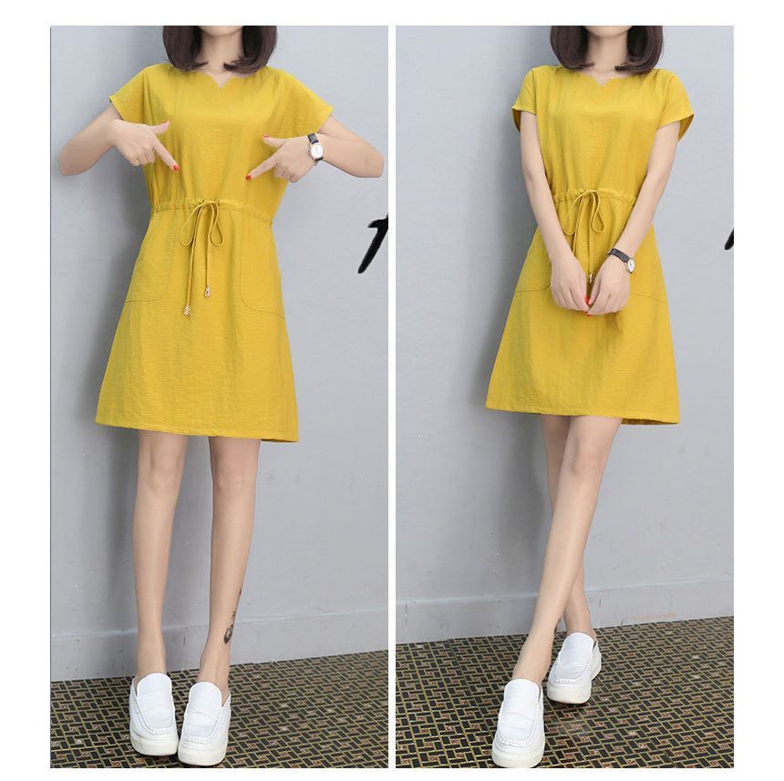 Dress A-Line Mini Plain Short-Sleeve V-Neck Drawstring-Waist