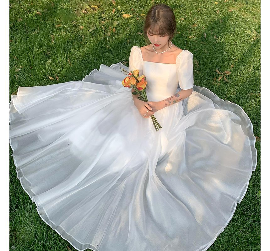 Neck Short-Sleeve Wedding Dress Square / A-Line Gown Plain Midi