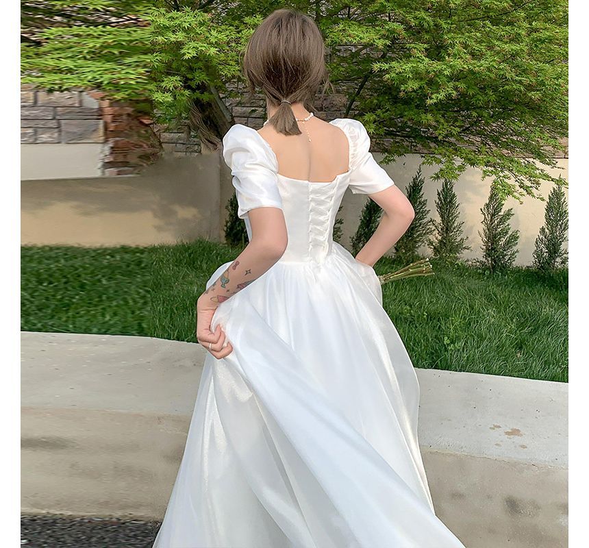 Neck Short-Sleeve Wedding Dress Square / A-Line Gown Plain Midi