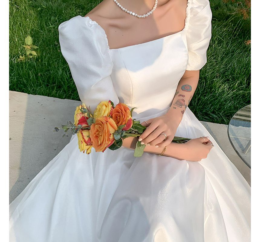Neck Short-Sleeve Wedding Dress Square / A-Line Gown Plain Midi