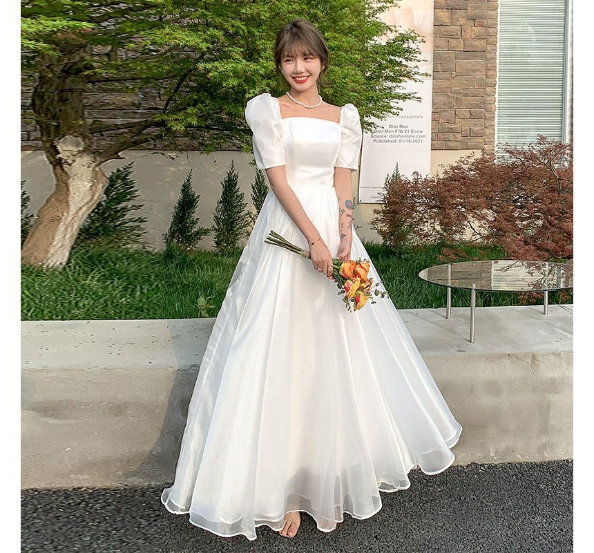 Neck Short-Sleeve Wedding Dress Square / A-Line Gown Plain Midi