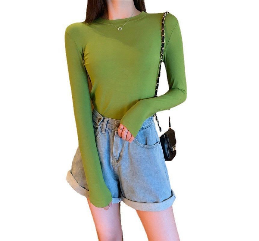 Neck Round Long-Sleeve Tee Plain