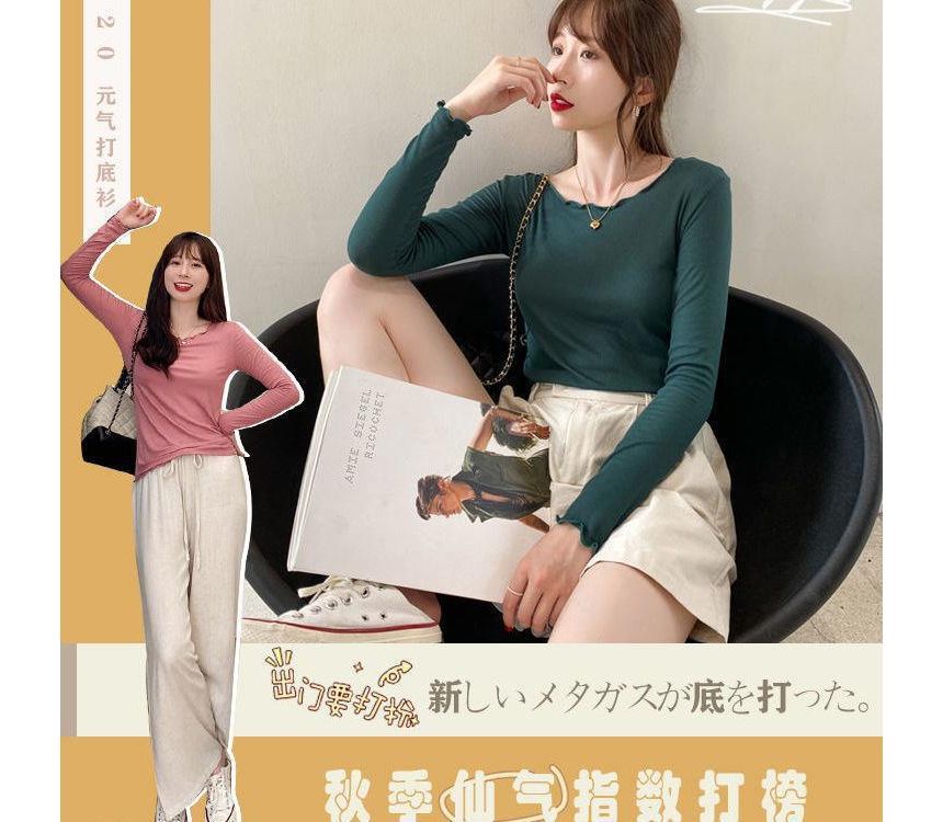 Edge Scoop Plain Lettuce Long-Sleeve Tee Ribbed Neck