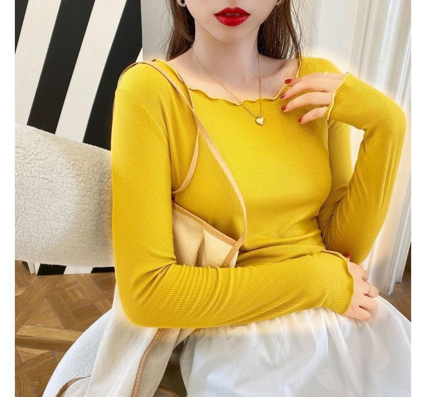 Edge Scoop Plain Lettuce Long-Sleeve Tee Ribbed Neck